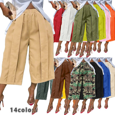 S391566 women's wide-leg cropped pants for cross-border fashion: new summer style with elastic waist, pleated design, slimming fit, and casual cargo style