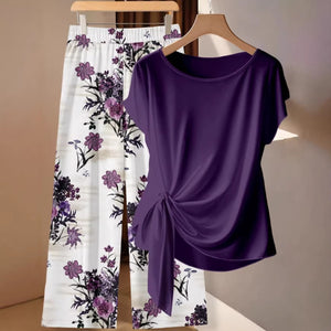 Amazon cross-border fashion: new european and american style printed floral patchwork bowknot blouse and straight-leg loose pants two-piece set