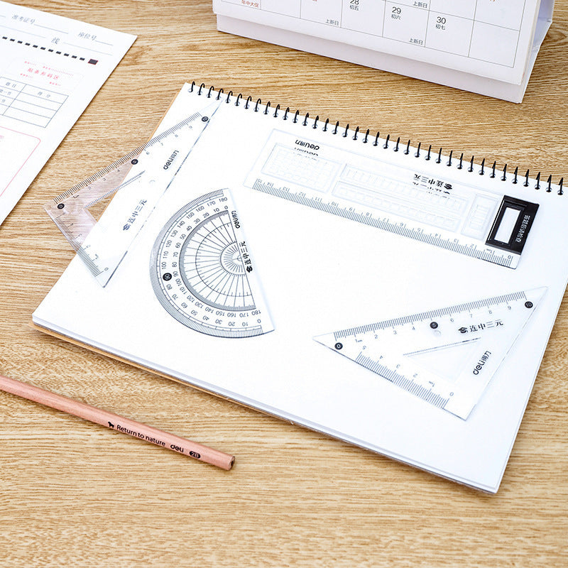 Deli 71961 Student Examination Four-piece Set Including Straight Ruler Triangle Plate Protractor Answer Sheet Ruler Wholesale