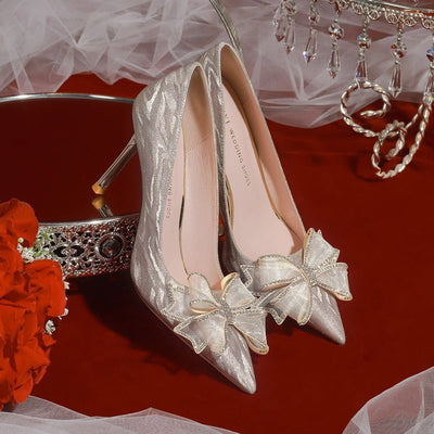 Flats french champagne color wedding shoes fall and winter women's bridal shoes 2025 new arrival hexiu wedding dress two-wear engagement high heels