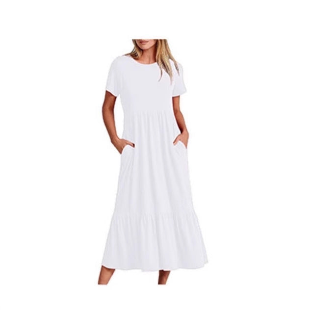 Spot 2024 new women's clothing   explosion temperament round neck pleated solid color pendulum dress