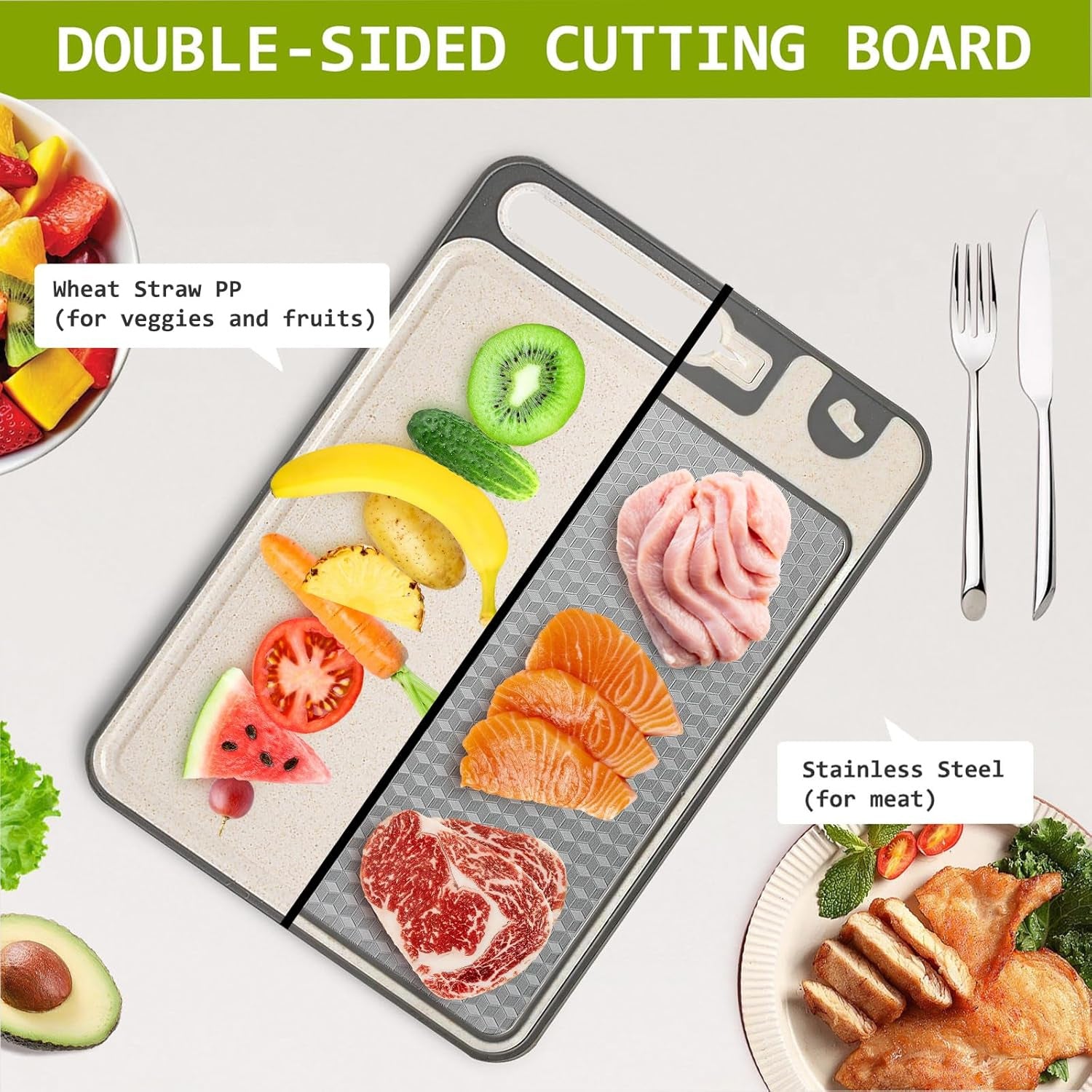 stainless steel chopping board antibacterial and mildew-proof household double-sided wheat straw with knife sharpener brick and stone pattern cutting board
