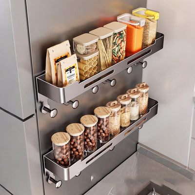 Kitchen magnetic refrigerator side shelf organizer - storage solution for condiments, cling film, and food storage bags