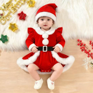 Baby girl cute christmas birthday holiday party outfit fuzzy patchwork romper dress