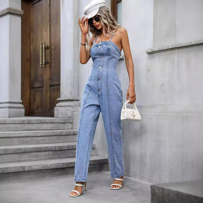 Pre-sale-15097# cross-border fashion foreign trade popular women's personalized suspender denim jumpsuit pants