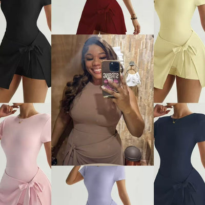 New arrival women's sports dress short-sleeved skirt shorts one-piece running elegant breathable slimming look imitation embarrassing skirt