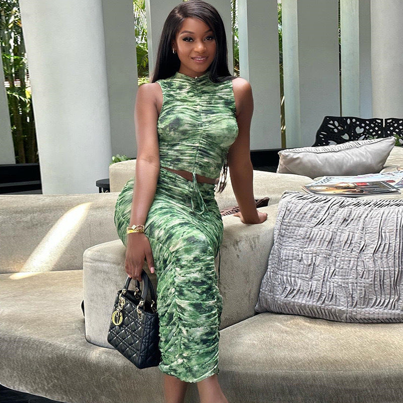 European and American  women's clothing printed sleeveless pullover drawstring top sexy tight hip-wrapped skirt two-piece set