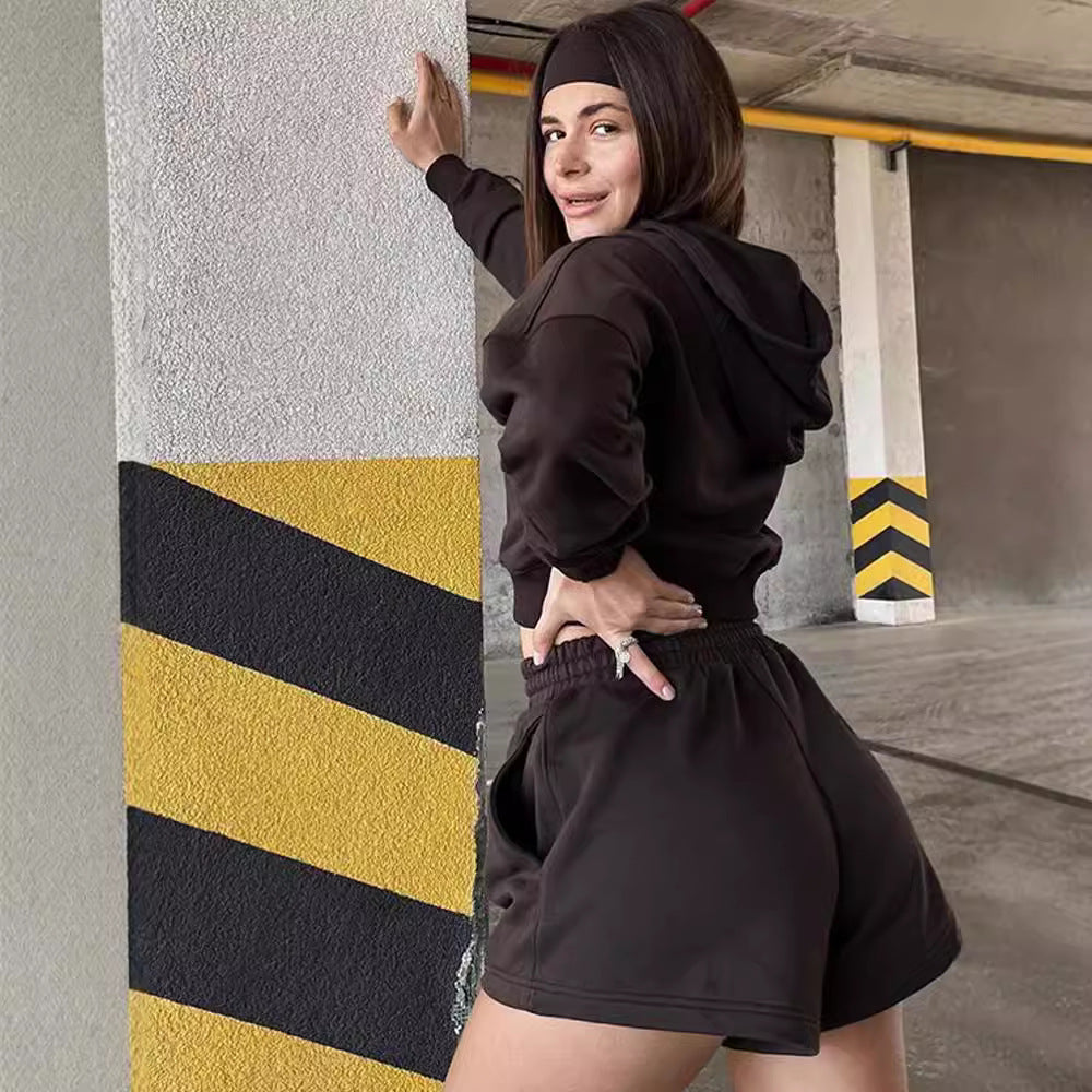 European and American  women's clothing fashion short zipper jacket shorts two-piece set casual sports cardigan shorts set women