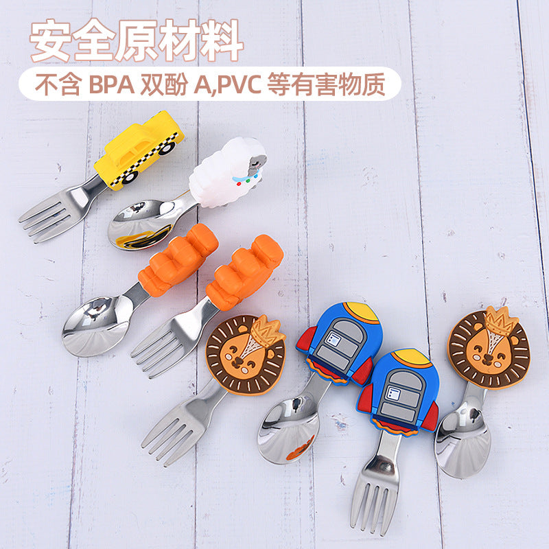 Customized drop-resistant eating short-handled fork and spoon silicone 316 stainless steel simple and cute children's complementary food spoon tableware set