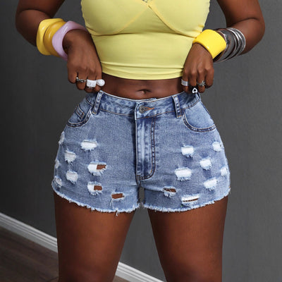 Pre-sale-16169# cross-border elastic simple women's casual versatile personalized ripped denim shorts