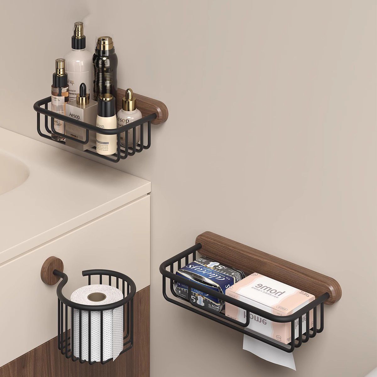 No punching creative solid wood tissue holder, mobile phone rack, bathroom pumping carton, toilet black walnut storage rack