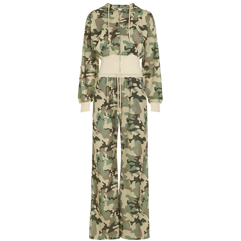 European and American casual style contrasting colors, waist hooded long-sleeved sweatshirt sweatpants two-piece set camouflage cardigan jacket trousers set