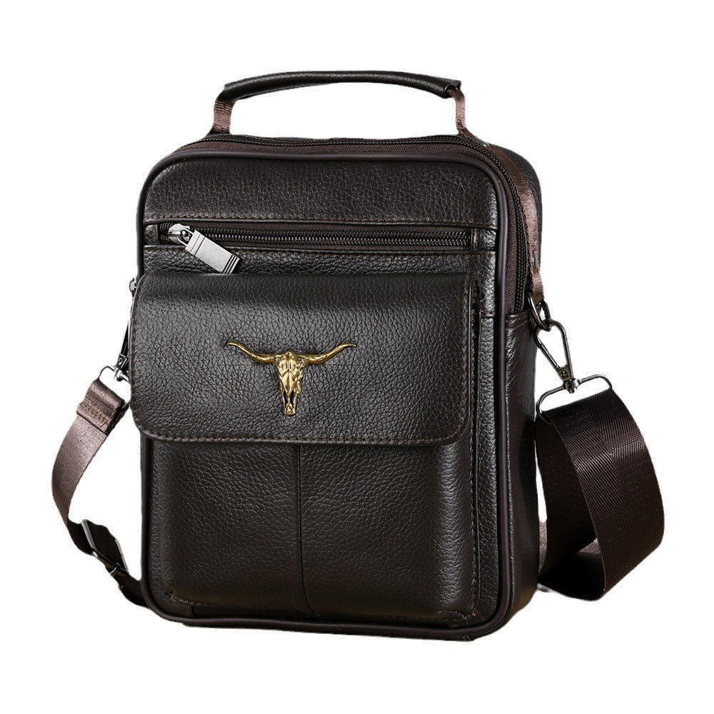 Casual shoulder messenger bag, men's leather satchel handbag, first-layer cowhide shoulder bag, large-capacity men's bag.