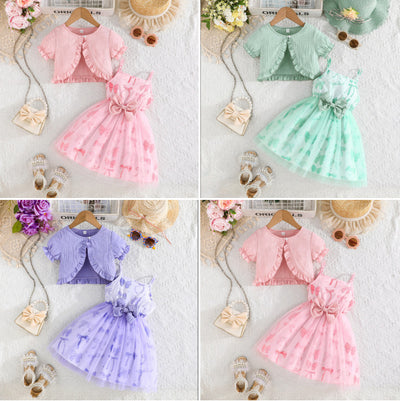 summer bow-printed cami dress + solid color jacket fashionable sweetheart european and american style pinafore dress girls' set
