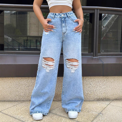 Ready stock - 310193# cross-border fashion women's streetwear oversized wide-leg distressed denim jeans for