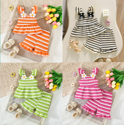 cross-border hot-selling baby & toddler sweet style cami set: striped top + lace-trimmed shorts casual two-piece outfit