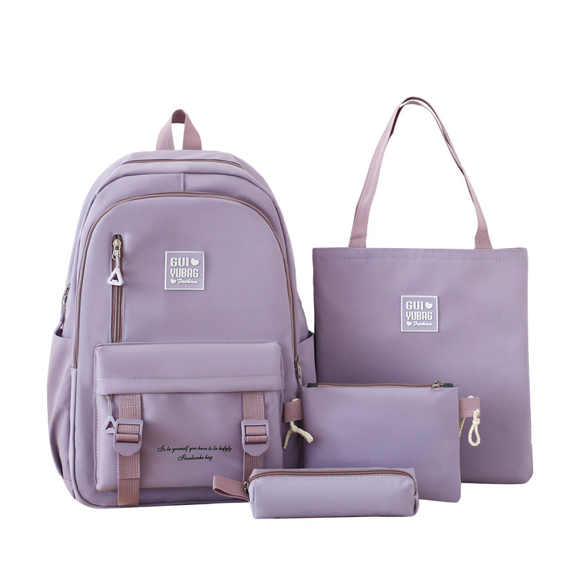 New student schoolbag solid color simple backpack women's large-capacity student four-piece set multi-functional schoolbag tote bag