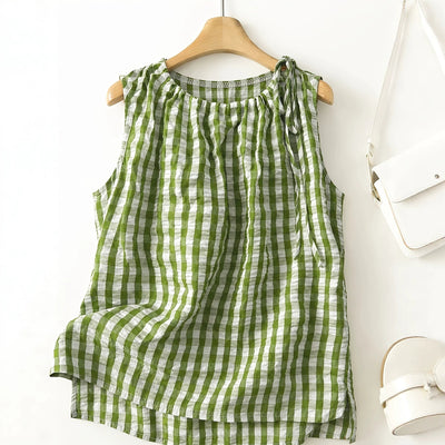 Ready-to-ship, standalone e-commerce store, cross-border export, european and american style women's sleeveless plaid top with drawstring and round neck, fashionable casual tank top