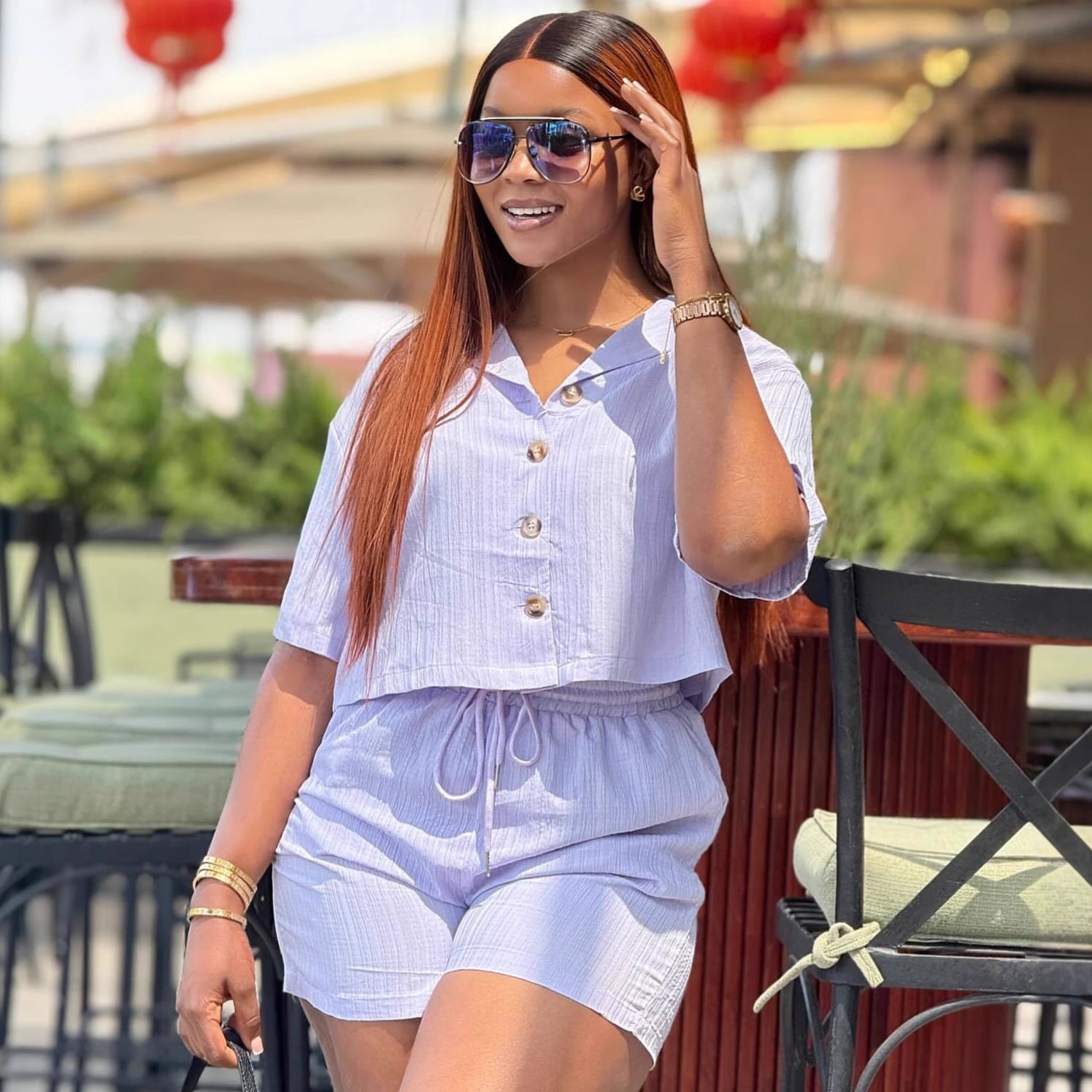 European and American fashion casual shorts set, short-sleeved lapel striped cardigan shirt, women's African new foreign style two-piece set