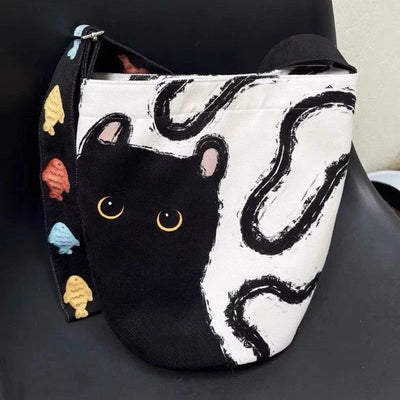 2025 korean-inspired canvas tote bag: large capacity, effortless style, canvas cat design, unique and trendy shoulder/crossbody bag