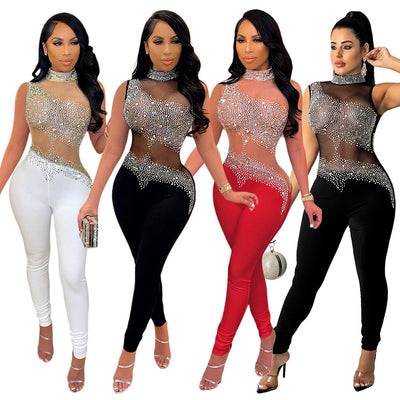 S390245 cross-border fashion sexy mesh see-through rhinestone sleeveless jumpsuit romper for women