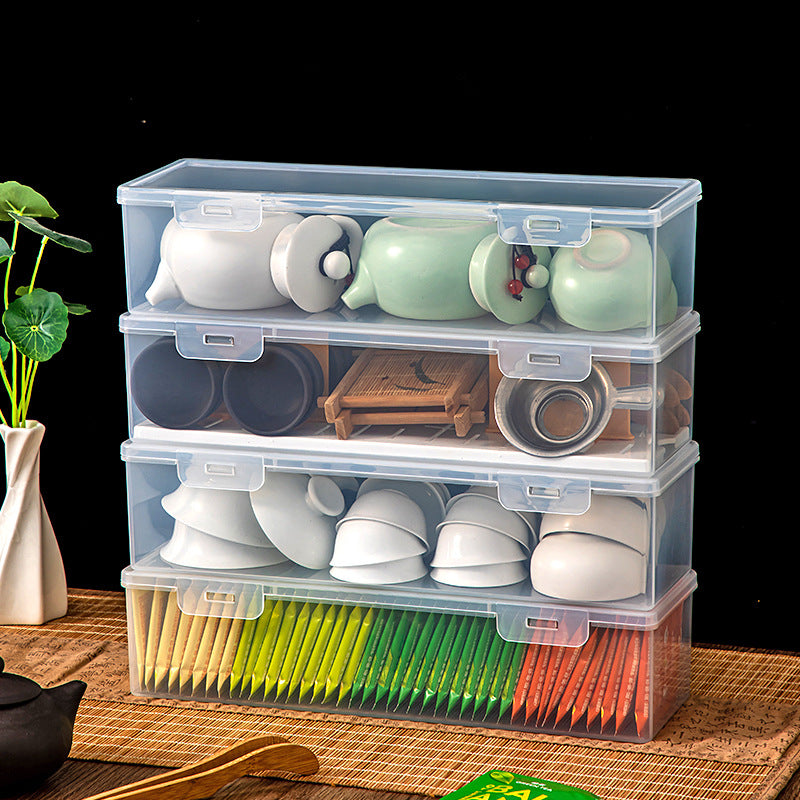 Plastic Kung Fu tea teacup tea set storage box with lid, dustproof and stackable multi-functional transparent desktop storage box