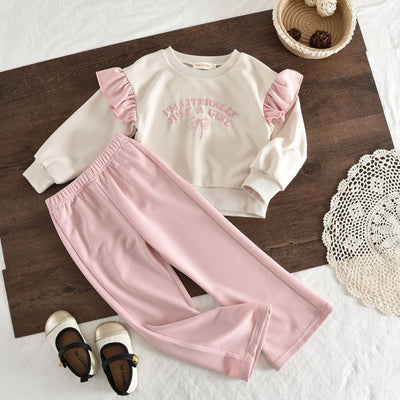 Spring autumgirlsuitletterbowsprintinglong sleevessweatshirtpantstwo-piece setcasual cross-border children's clothing