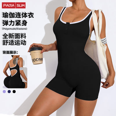 European and american color block sleeveless tank top sports bodysuit women's quick-dry stretch color block yoga compression jumpsuit