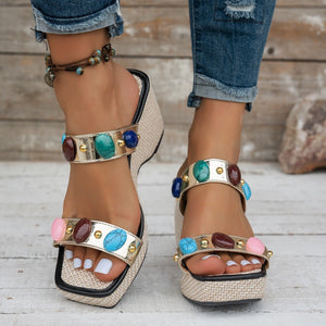 wedge open-toe sandals summer new arrivalsexy gem-embellished plaid women's high-heeled sandals