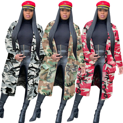 S3882 autumn/winter cross-border european and american style camouflage print mid-length trench coat