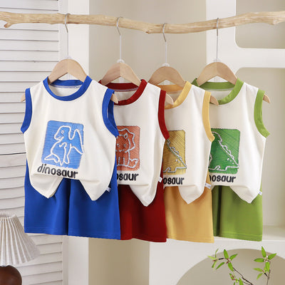 New summer two-piece set: unisex cartoon crewneck sleeveless tank top and shorts for kids