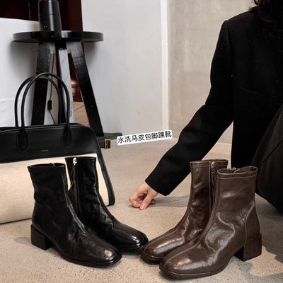 Grape mom's same style washed horse leather square toe thin boots women's thick heel short boots fall and winter stylethick sole small ankle boots for women