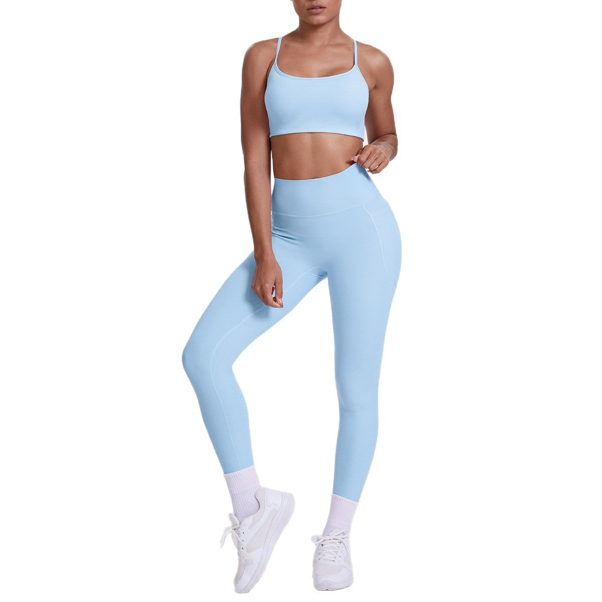 Spot European and American nude sports pocket trousers sexy suspenders sports beautiful back running fitness pants yoga suit set