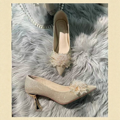 2025 french rhinestone pearl flower comfortable heel bridal wedding shoes for women