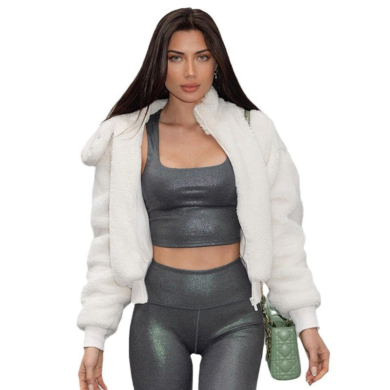 European and American fashion new autumn and winter warm jacket solid color plush turtleneck pocket zipper cardigan top  women