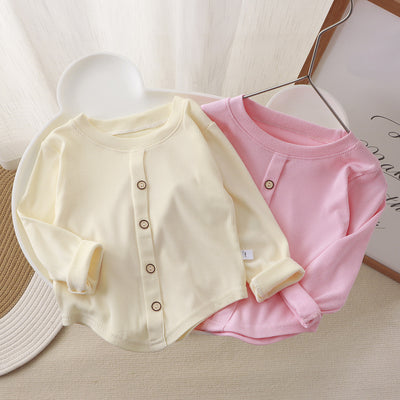 Girls' sweet long-sleeve t-shirt, new solid color baby girl base layer, kids' round neck stretch button-down versatile top