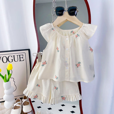 independent station children's clothing summernew arrivalgirl flying sleeve two-piece set pastoral floral japanese and korean exportkidssuit