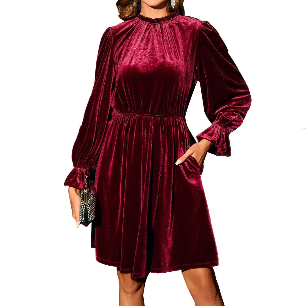 ins new 2024 European and American velvet party elegant and generous semi-turtleneck waist and thin A skirt