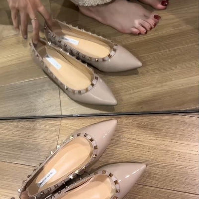 2024new arrival spring and summer studded flats shoes shallow patent leather willow soft bottom boat shoes flats shoes women's pointed toe flats women