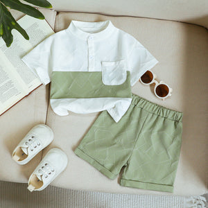 new summer boys' outfit: avocado green stand collar shirt and shorts set