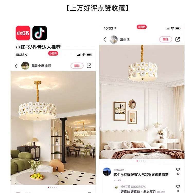 陶瓷花朵吊灯法式奶油风氛围感大厅灯圆形创意造型新款护眼客厅灯