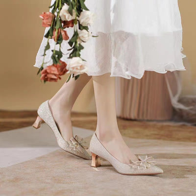 Wedding shoes for women, he xiu wedding dress, two-wear champagne color bridesmaid shoes, french thick-heeled high heels that can be worn on a daily basis