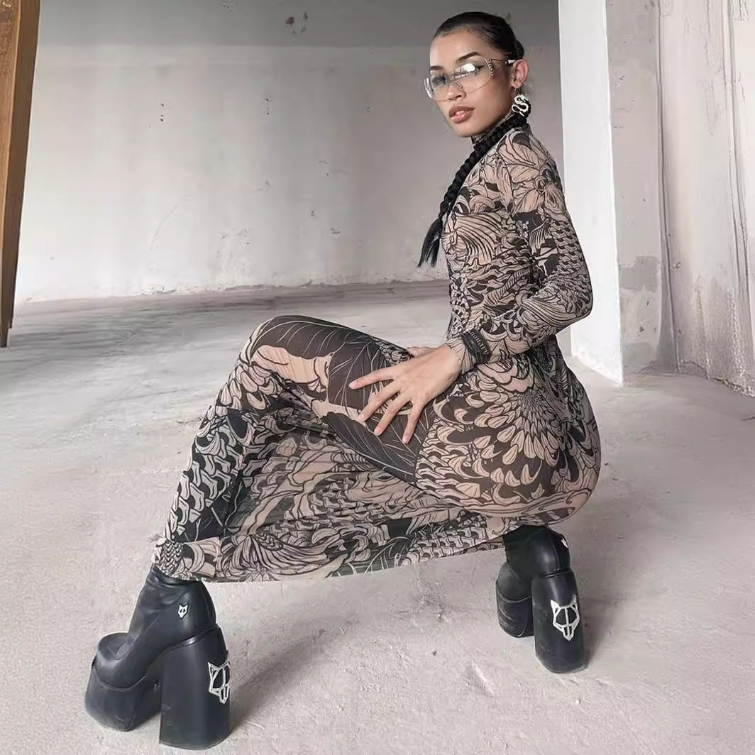 European and American  women's clothing 2023 autumn new fashion mesh printing perspective turtleneck slim and thin dress women