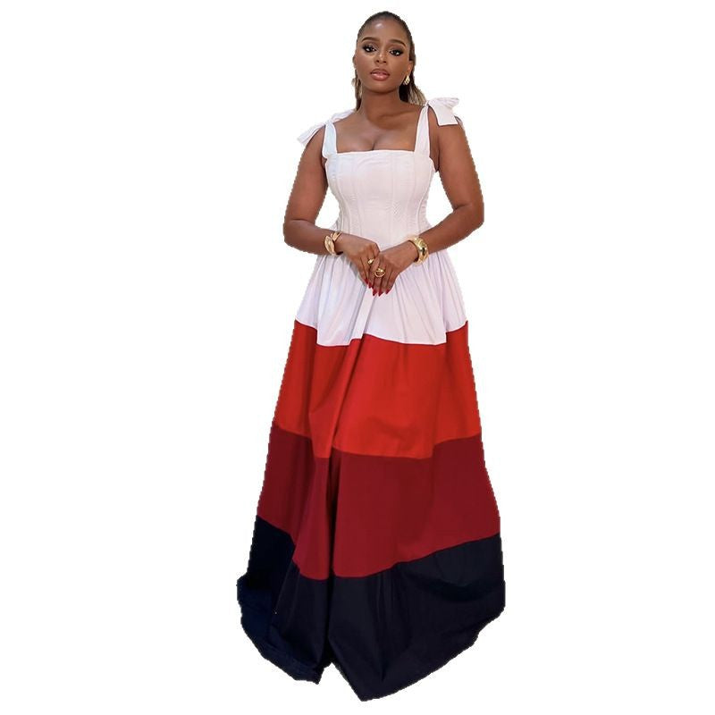 Spot European and American  women's clothing 2025 spring new fashion bow suspender color matching high waist long dress dress