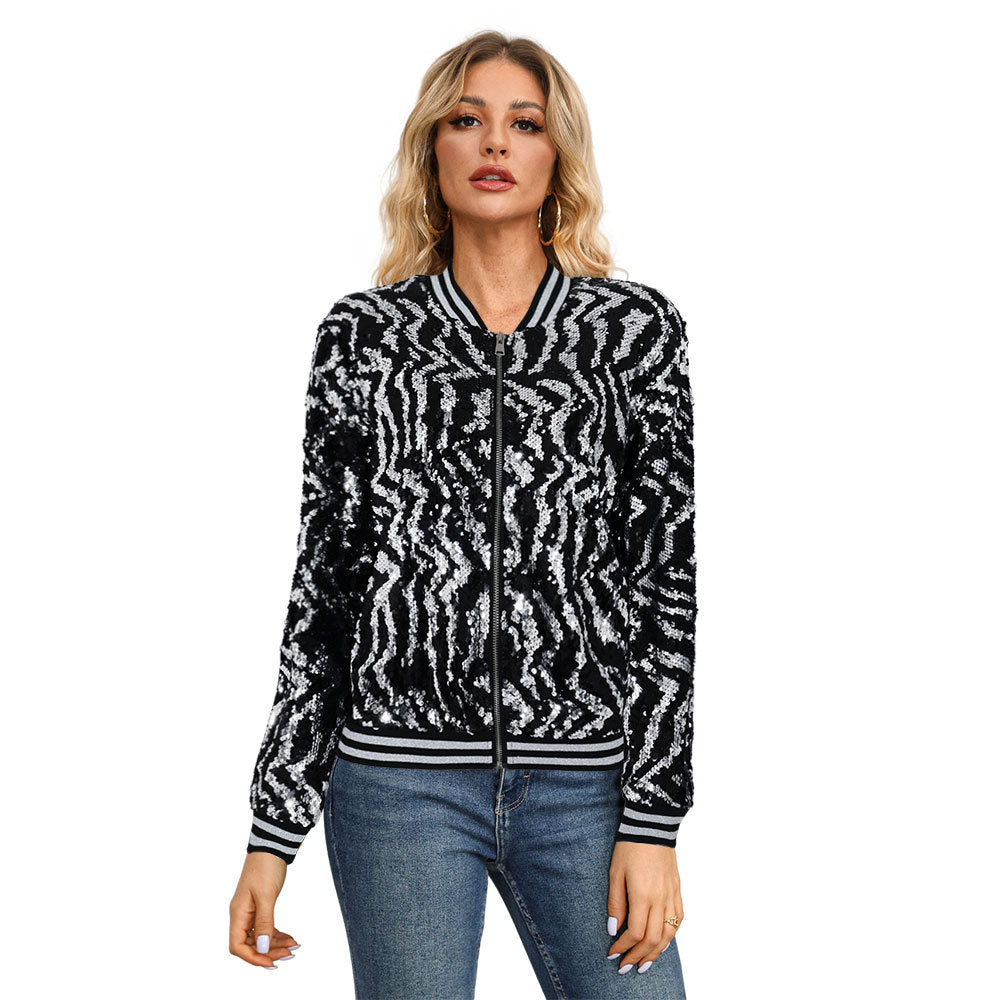 10391 Cross-border Europe, America,  autumn and winter women's clothing silver sequined long-sleeved baseball jersey