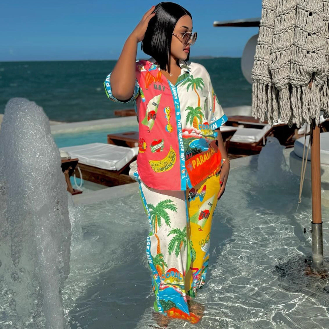 European and American casual suit short-sleeved cardigan printed shirt trousers women's new African women's clothing resort style fashion suit