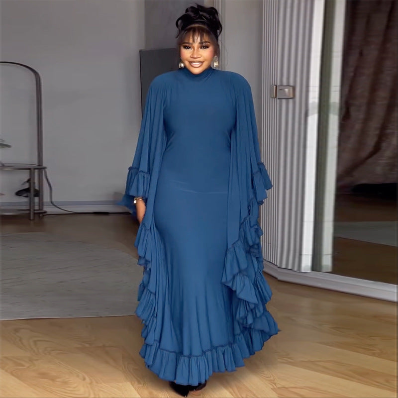 European and American  women's clothing 2025 autumn new fashion semi-turtleneck bat sleeve splicing ruffle dress dress