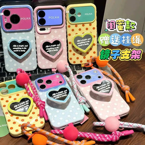 Suitable for apple 17promax mobile phone case polka dot love mirror holder color ball lanyard iphone18 soft case 15