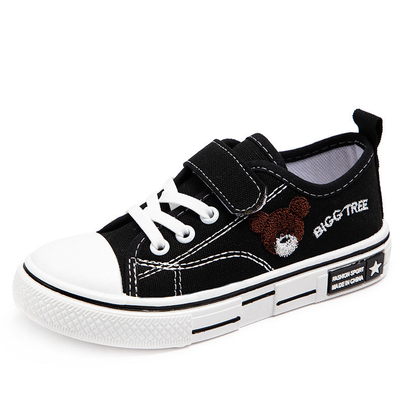 Low-top solid soft-soled baby casual board shoes children's spring new boys and girls breathable cartoon embroidered canvas shoes