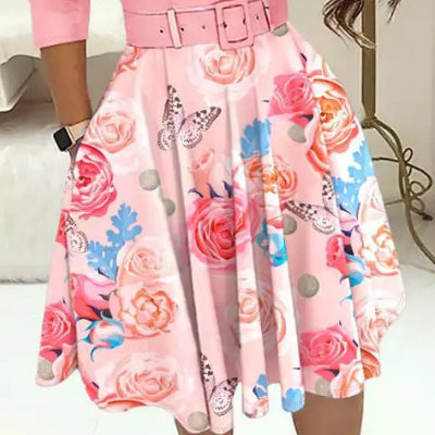 european and american spring/autumn elegant comfortable cinched waist zipper mid-length sleeve printed a-line dress women's apparel with waist belt